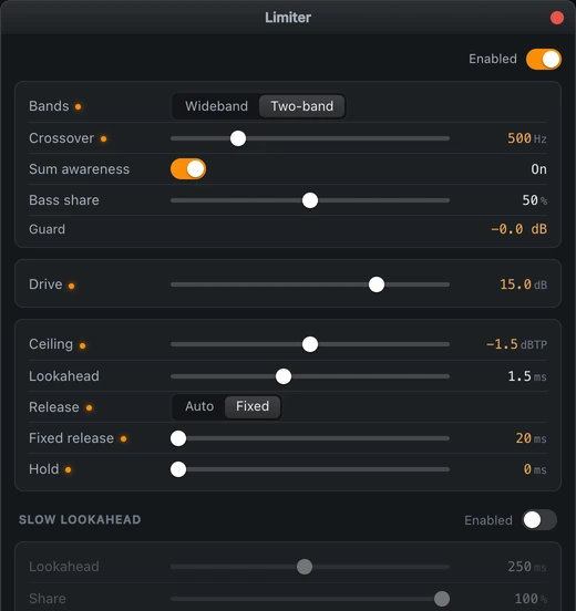 The Limiter window in two-band mode: crossover, sum awareness, bass share and guard, drive, a true-peak ceiling, lookahead and release.
